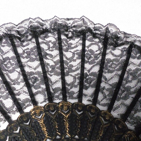 Hand fan black lace with roses and tussle NEW - Picture 4 of 7